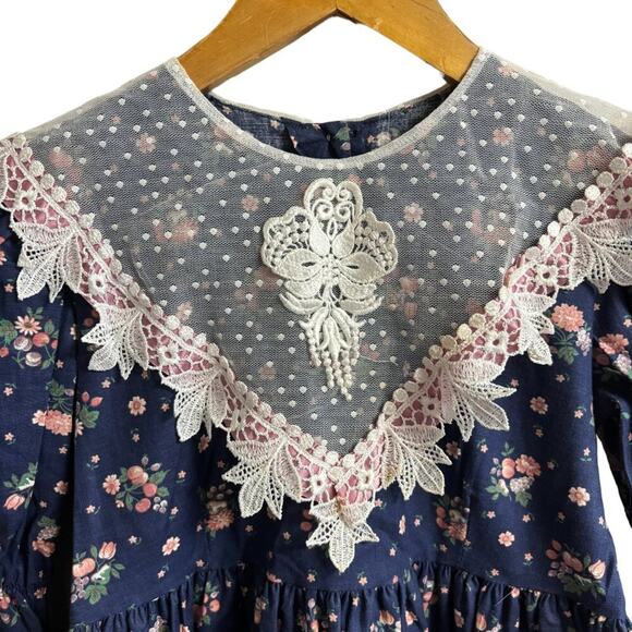 VTG 80s JINELLE Lace Collar Lace Trim Floral Garden Party Dress in Navy SZ 6 - Picture 2 of 12